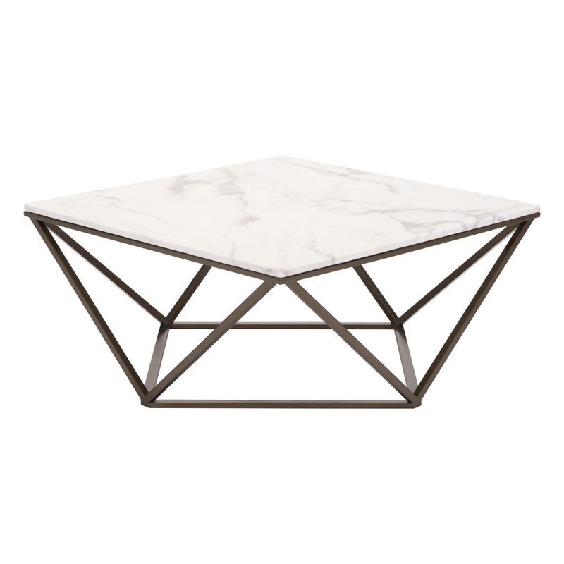 White and Antiqued Brass Faux Marble And Steel Square Abstract Coffee Table By Homeroots