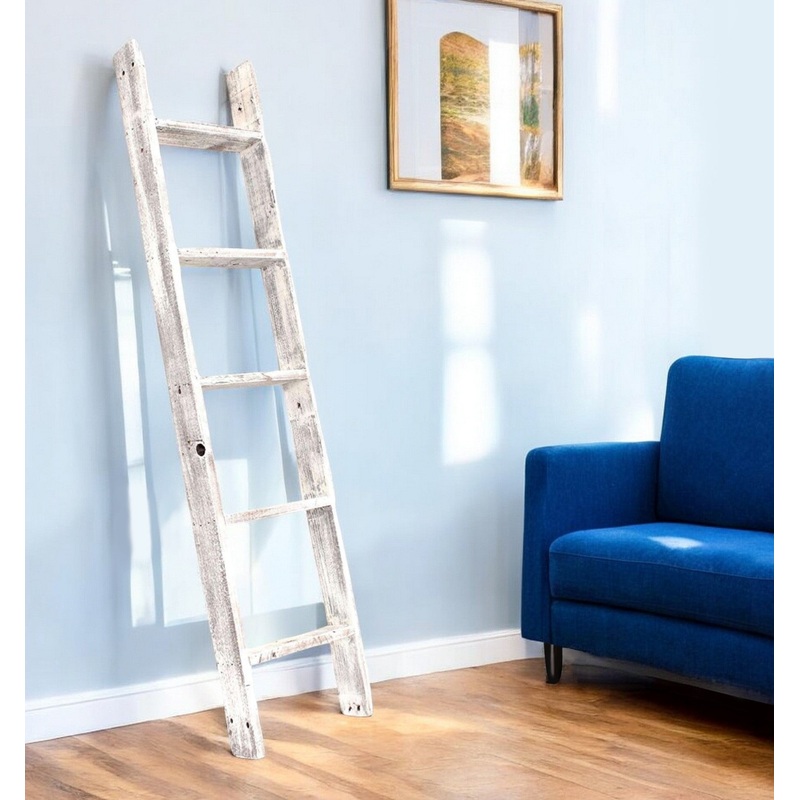 White Rustic Four Step Wood Ladder Shelf By Homeroots