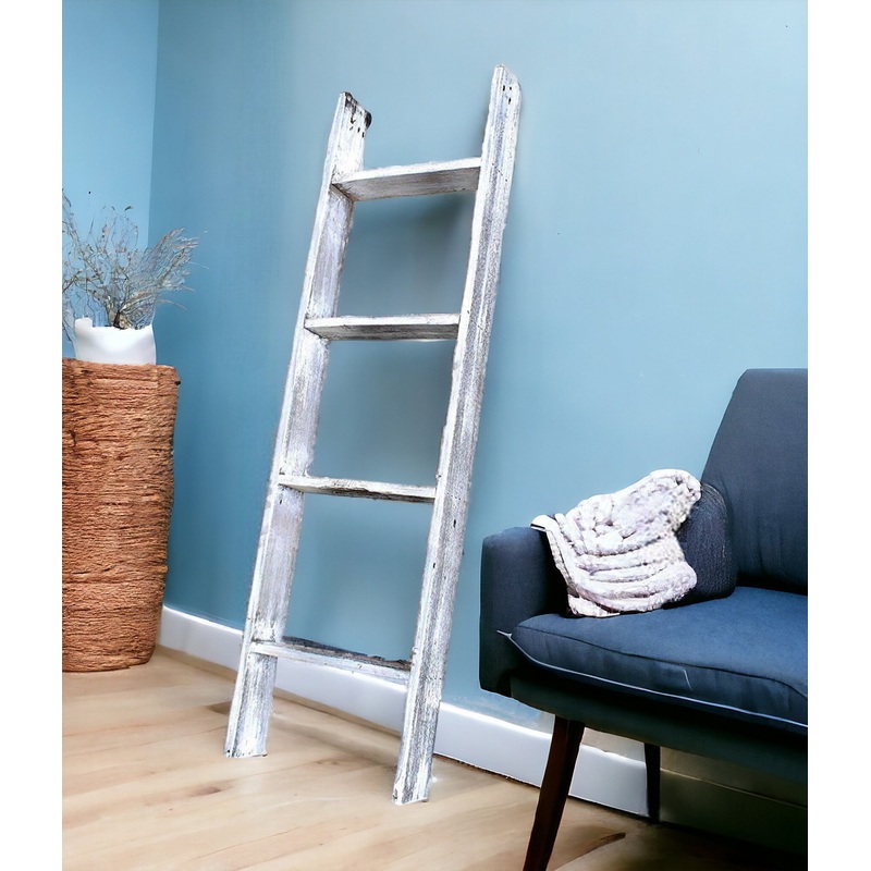 Whitewash Rustic Four Step Wood Ladder Shelf By Homeroots