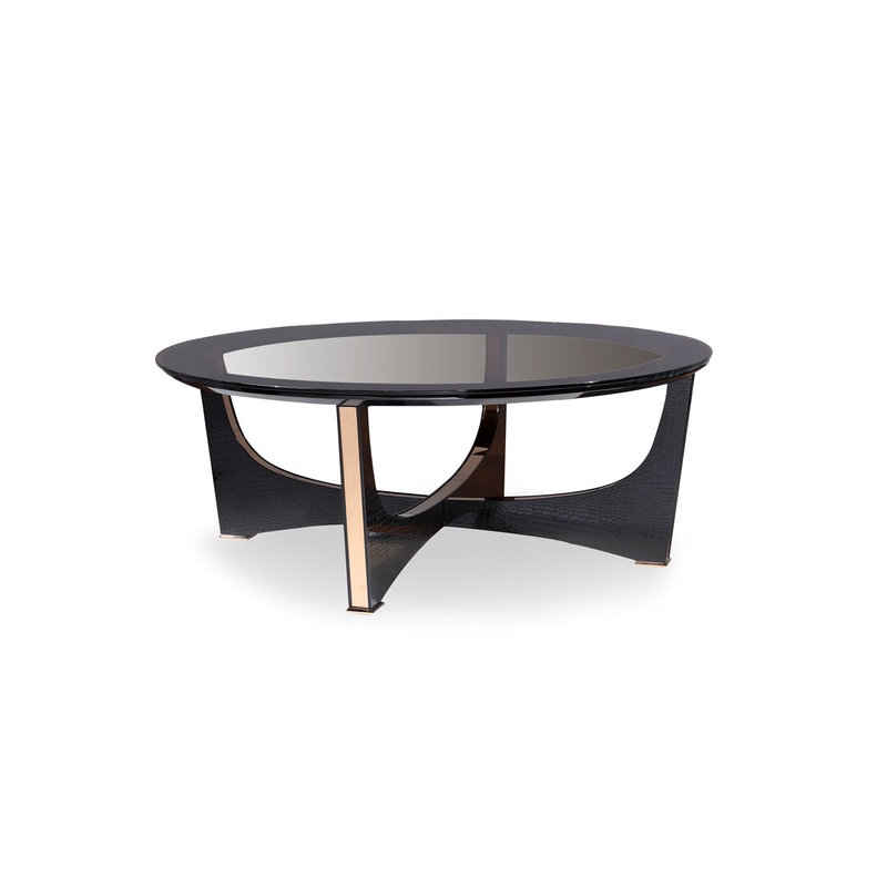 18' Black Crocodile Textures and Rosegold and Glass Coffee Table By Homeroots