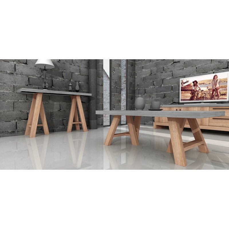 18' Concrete and Solid Acacia Wood Coffee Table By Homeroots