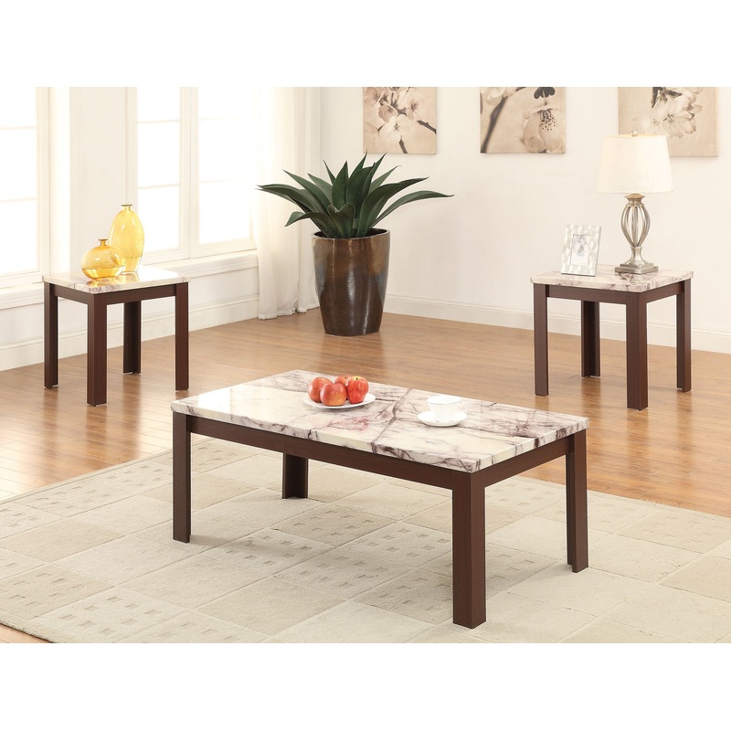 48' X 24' X 18' 3Pc Faux Marble And Cherry Coffee And End Table Set By Homeroots