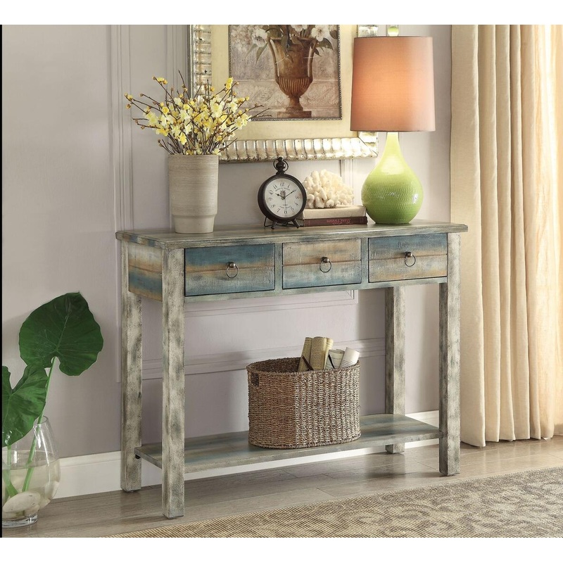 Antique White And Teal Wooden Console Table By Homeroots
