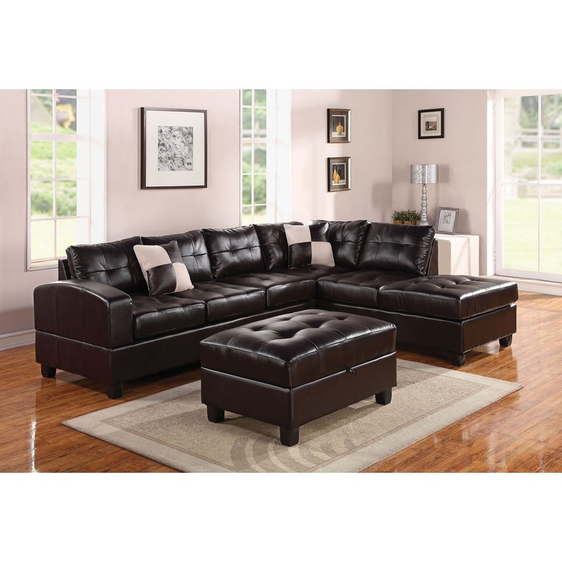 Black Bonded Leather Reversible Sectional Sofa With Pillows By Homeroots