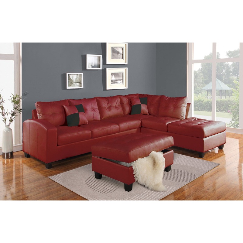 Red Bonded Leather Reversible Sectional Sofa With Pillows By Homeroots