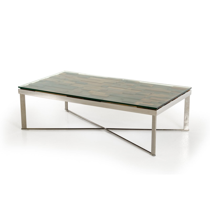 14' Mosaic Wood Glass and Steel Coffee Table By Homeroots