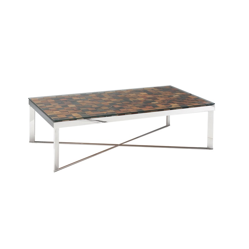 14' Mosaic Wood Steel and Glass Coffee Table By Homeroots