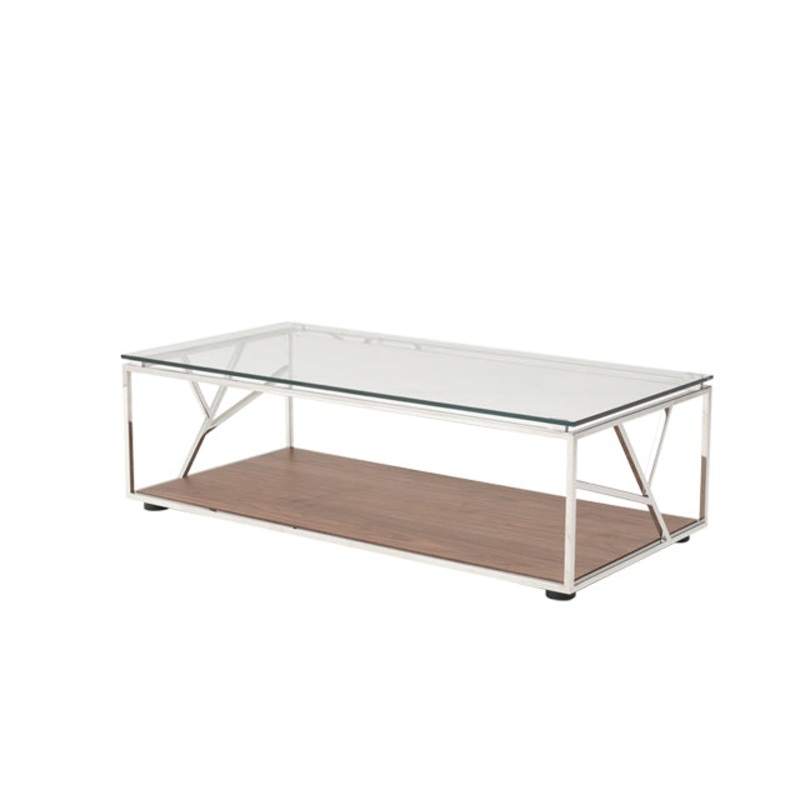 15' Walnut Veneer Glass and Steel Coffee Table By Homeroots