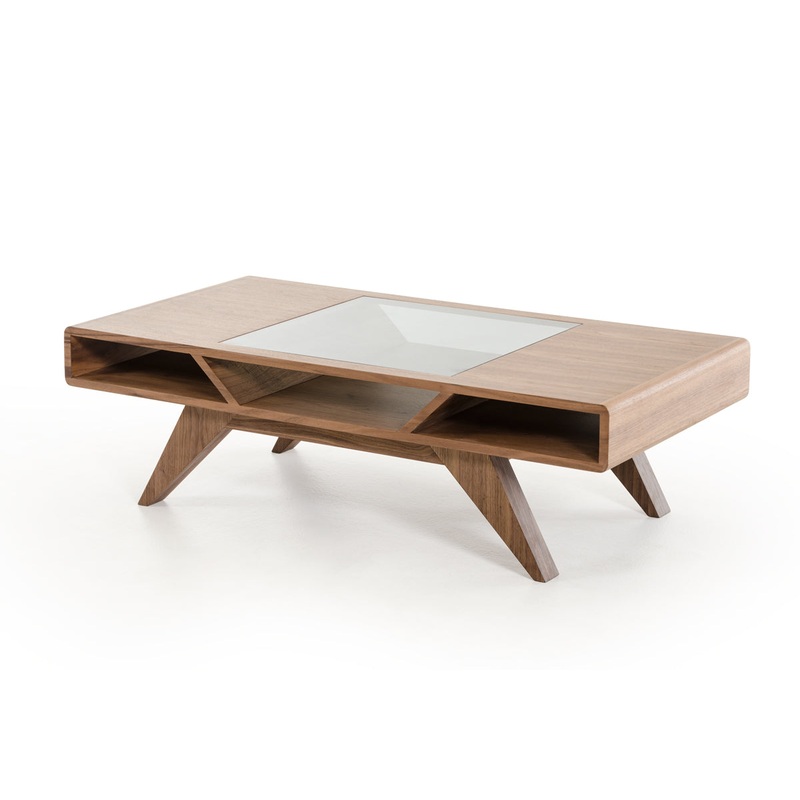 15' Walnut Wood Veneer and Glass Coffee Table By Homeroots