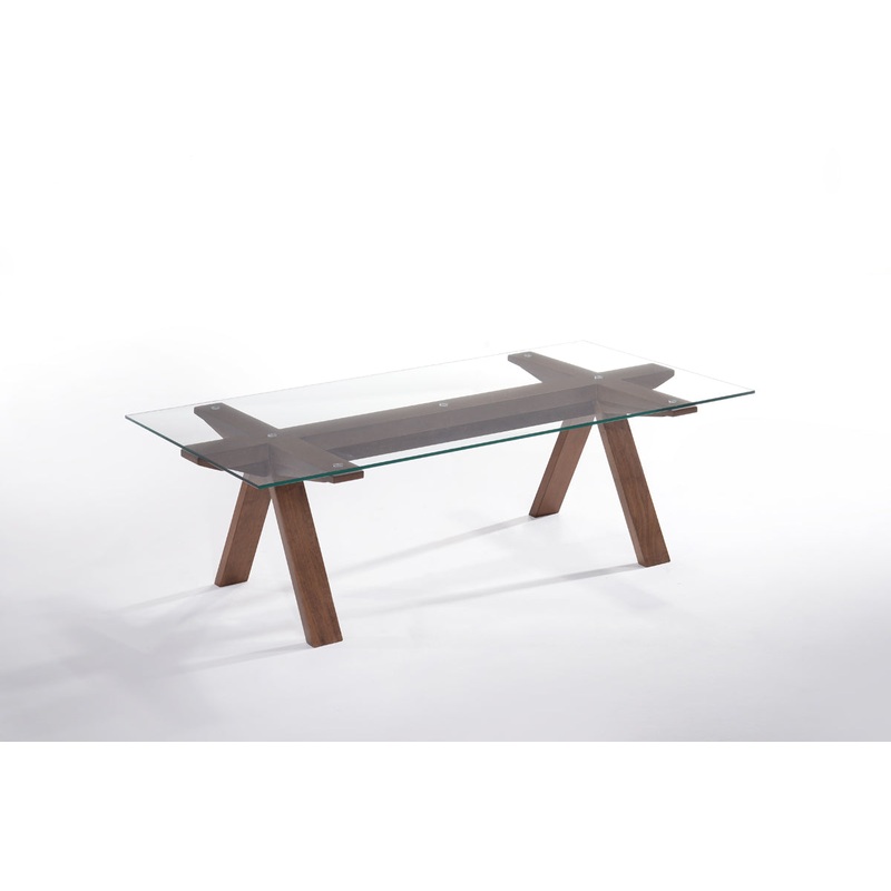 16' Walnut Wood and Glass Coffee Table By Homeroots