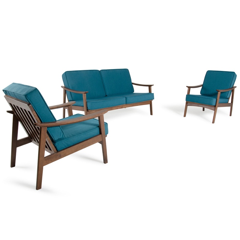 32" Blue and Walnut Wood and Linen Sofa Set By Homeroots