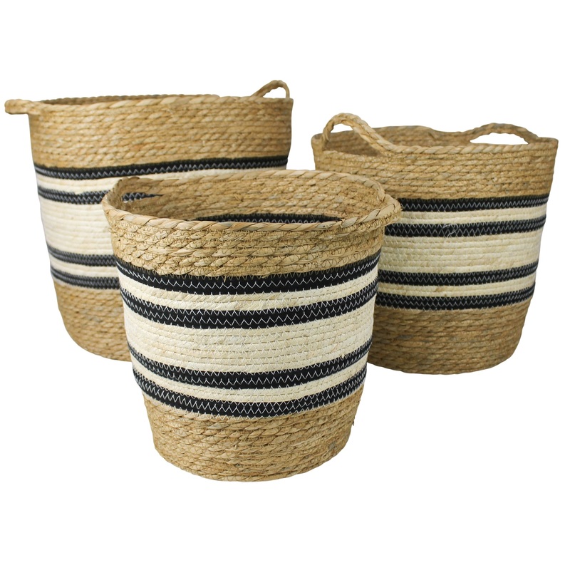 Gideon Striped Baskets with Handles - Set/3, Lrg By HomArt