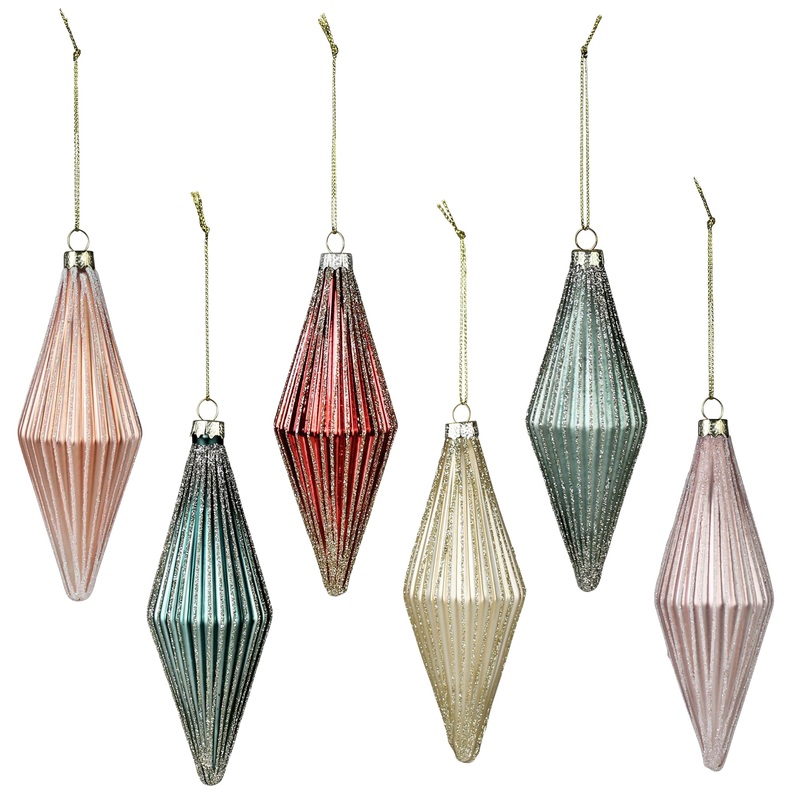 Ribbed Rhombus Ornaments, Glass, Set of 6 By HomArt