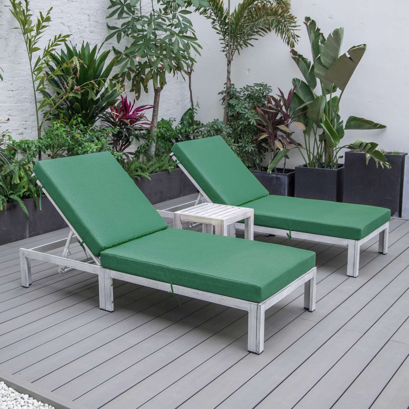 LeisureMod Chelsea Modern Outdoor Weathered Grey Chaise Lounge Chair Set of 2 With Side Table & Cushions