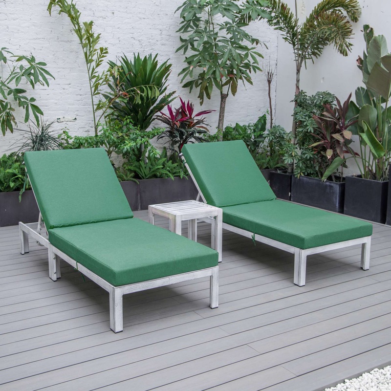 LeisureMod Chelsea Modern Outdoor White Chaise Lounge Chair Set of 2 With Side Table & Cushions