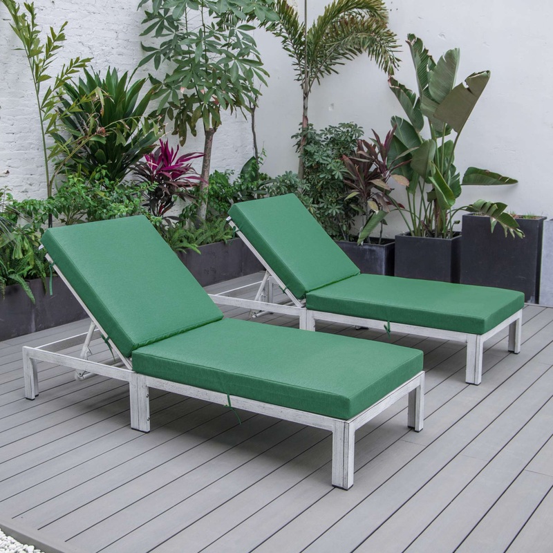 LeisureMod Chelsea Modern Outdoor White Chaise Lounge Chair With Cushions Set of 2
