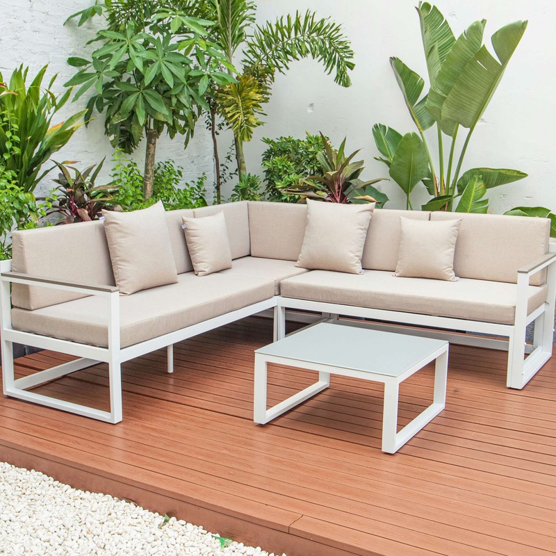 LeisureMod Chelsea White Sectional With Adjustable Headrest & Coffee Table With Cushions