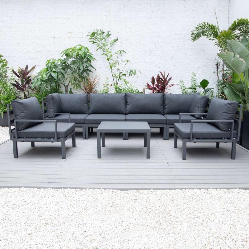 LeisureMod Hamilton 7-Piece Aluminum Patio Conversation Set With Coffee Table And Cushions