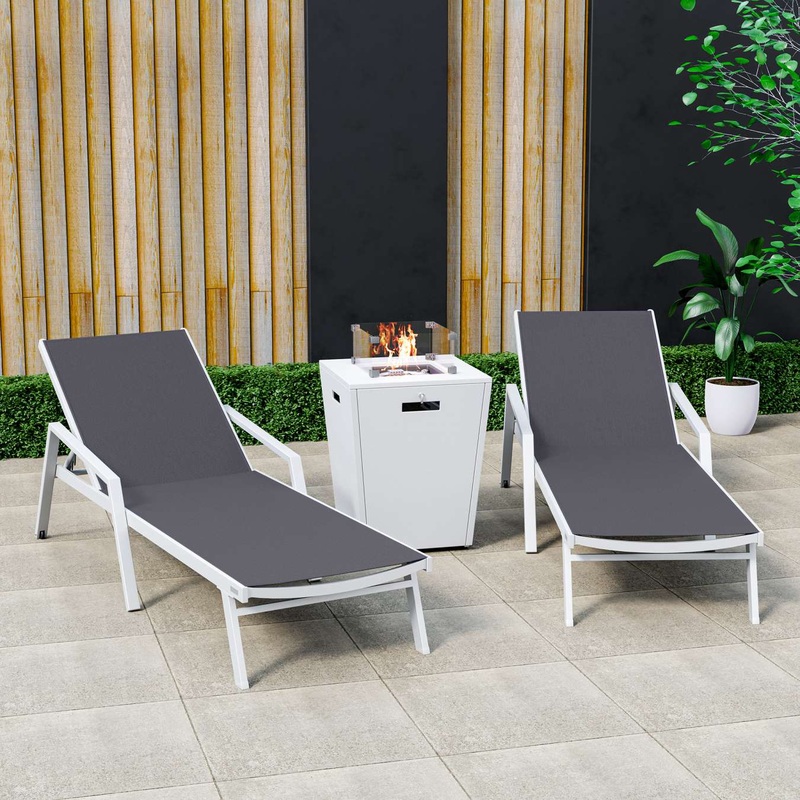 LeisureMod Marlin Patio Chaise Lounge Chair With Armrests in White Aluminum Frame, Set of 2