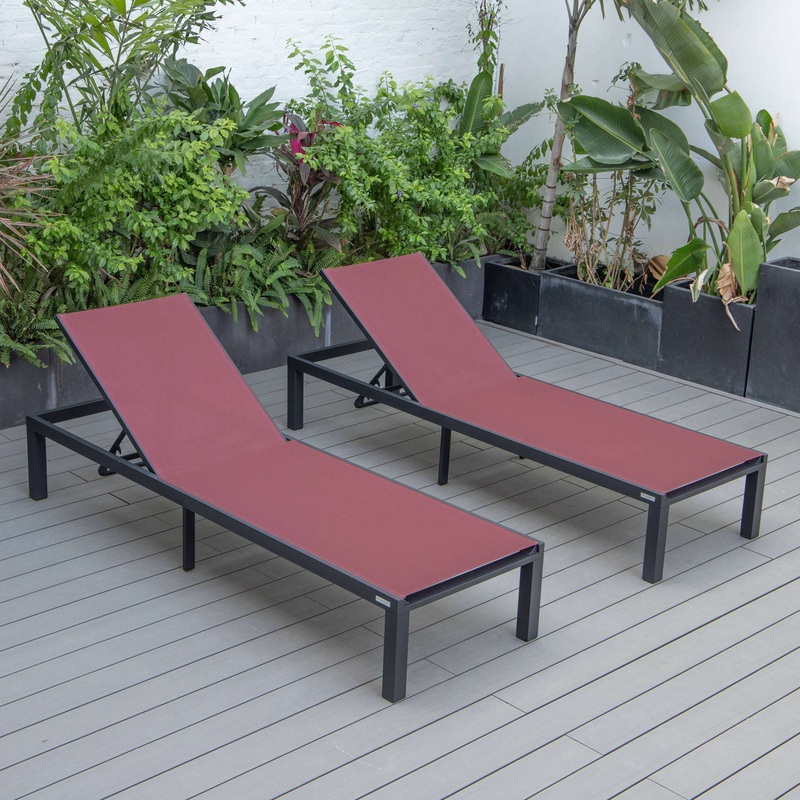 LeisureMod Marlin Patio Chaise Lounge Chair With Black Aluminum Frame, Set of 2