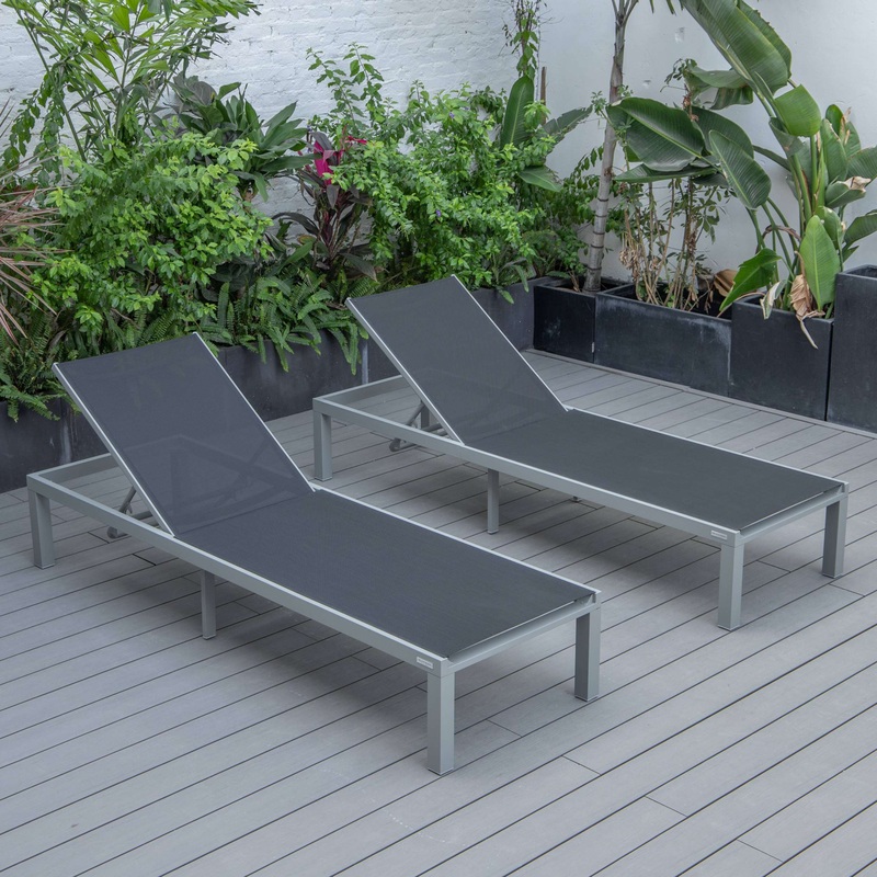 LeisureMod Marlin Patio Chaise Lounge Chair With Grey Aluminum Frame, Set of 2