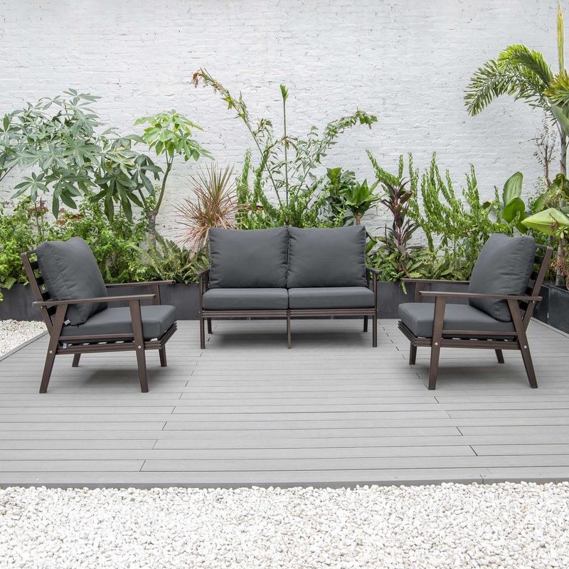 LeisureMod Walbrooke Modern 3-Piece Outdoor Patio Set with Brown Aluminum Frame