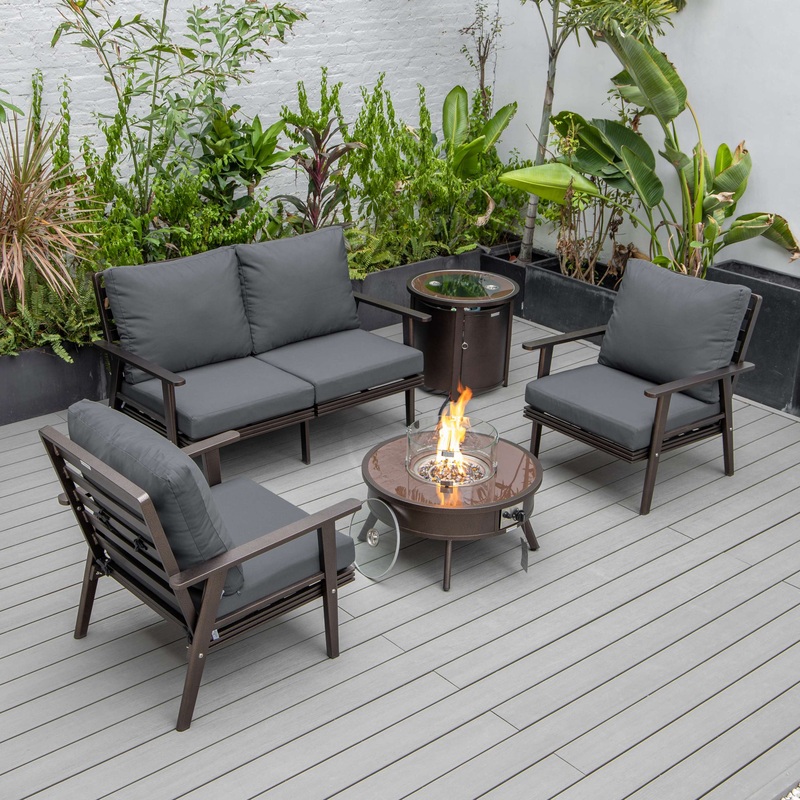 LeisureMod Walbrooke Modern Brown Patio Conversation With Round Fire Pit & Tank Holder