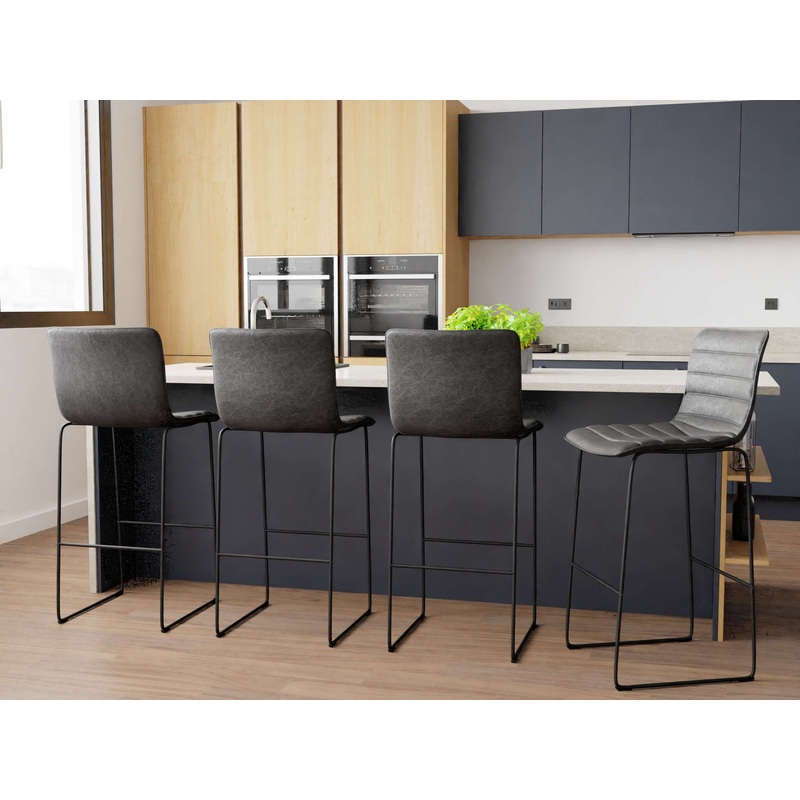 LeisureMod Brooklyn 29.9" Modern Leather Bar Stool With Black Iron Base & Footrest