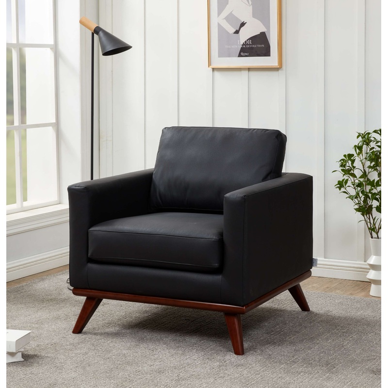 LeisureMod Chester Modern Leather Accent Arm Chair With Birch Wood Base