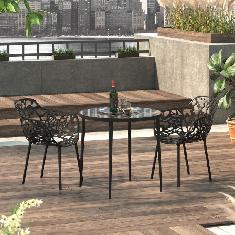 LeisureMod Devon Mid-Century Modern 3-Piece Aluminum Outdoor Patio Dining Set with Tempered Glass Top Table and 2 Stackable - DT20CABL2