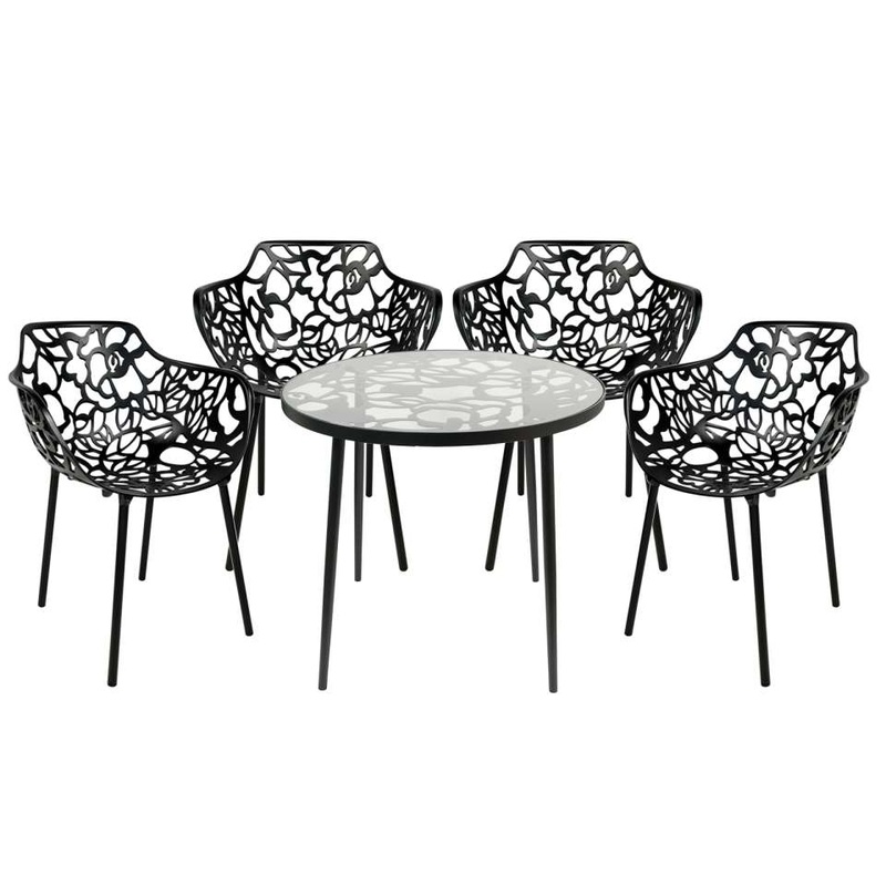 LeisureMod Devon Mid-Century Modern 5-Piece Aluminum Outdoor Patio Dining Set with Tempered Glass Top Table and 4 Stackable - DT31C4BL