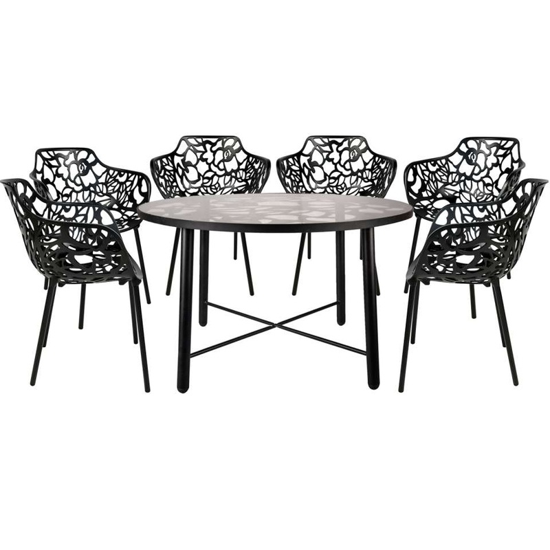 LeisureMod Devon Mid-Century Modern 7-Piece Aluminum Outdoor Patio Dining Set with Tempered Glass Top Table and 6 Stackable - DT48C6BL