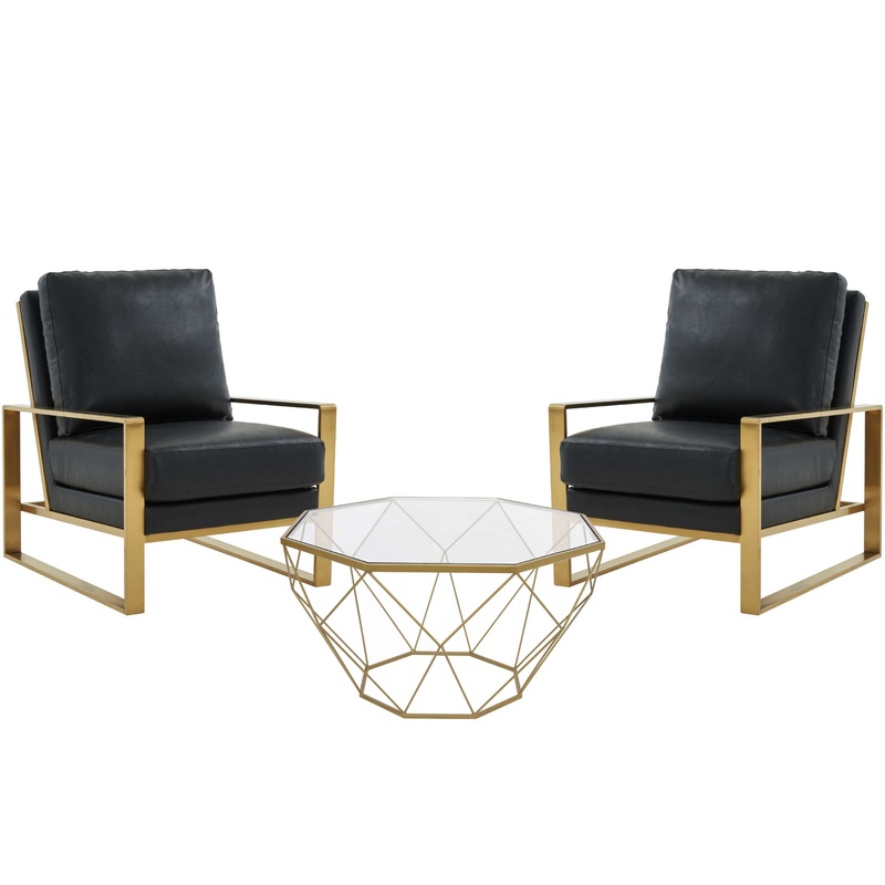 LeisureMod Jefferson Leather Armchair with Gold Frame and Large Octagon Coffee Table with Geometric Base