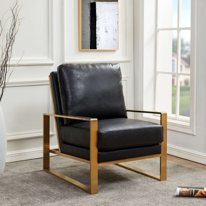 LeisureMod Jefferson Leather Modern Design Accent Armchair With Elegant Gold Frame