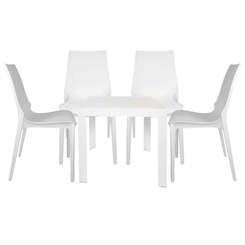 LeisureMod Kent 5-Piece Outdoor Dining Set with Plastic Square Table and 4 Stackable Chairs with Weave Design