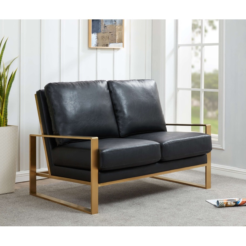 LeisureMod Leather Loveseat - Gold Frame - Black