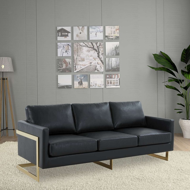 LeisureMod Lincoln Modern Mid-Century Upholstered Leather Sofa with Gold Frame