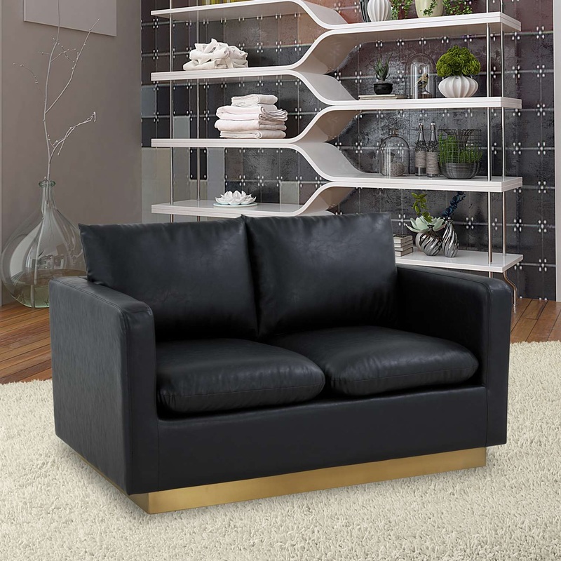 LeisureMod Nervo Modern Mid-Century Upholstered Leather Loveseat with Gold Frame