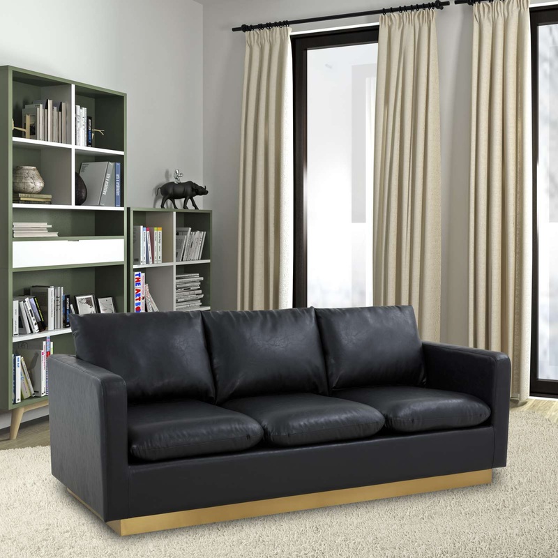 LeisureMod Nervo Modern Mid-Century Upholstered Leather Sofa with Gold Frame