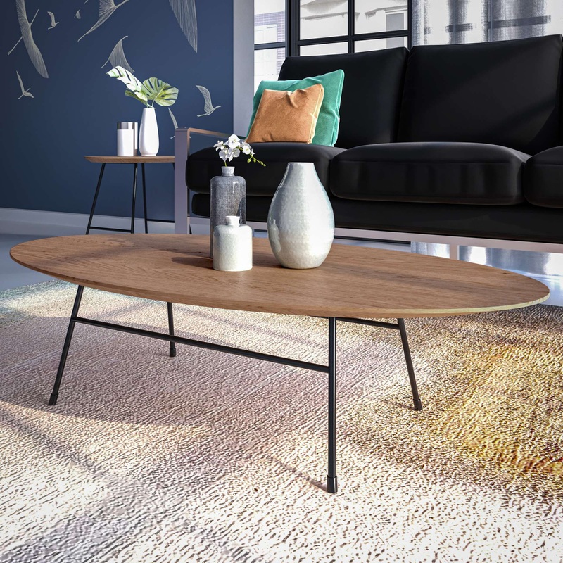 LeisureMod Rossmore Oval Coffee Table with Ash Veneer Top and Black Powder Coated Steel Frame
