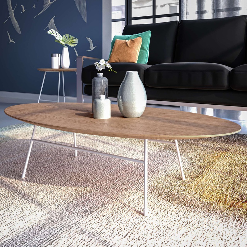 LeisureMod Rossmore Oval Coffee Table with Ash Veneer Top and White Powder Coated Steel Frame