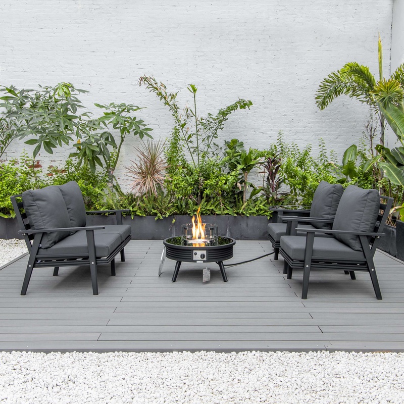 LeisureMod Walbrooke Modern Black Patio Conversation With Round Fire Pit & Tank Holder