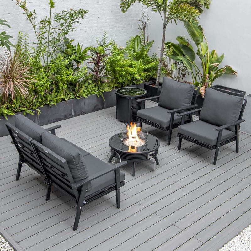 LeisureMod Walbrooke Modern Black Patio Conversation With Round Fire Pit With Slats Design & Tank Holder