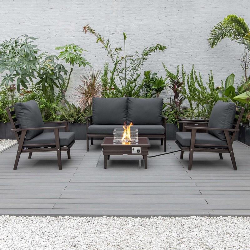 LeisureMod Walbrooke Modern Brown Patio Conversation With Square Fire Pit With Slats Design & Tank Holder