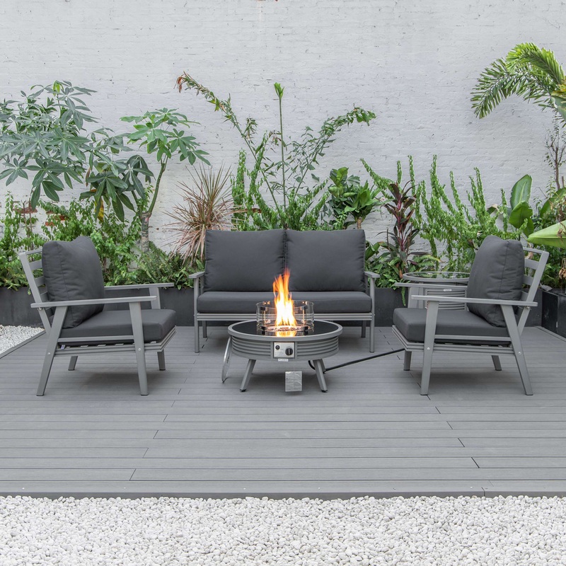 LeisureMod Walbrooke Modern Grey Patio Conversation With Round Fire Pit & Tank Holder