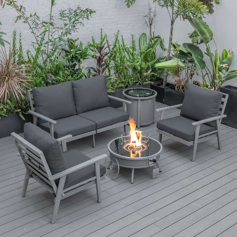 LeisureMod Walbrooke Modern Grey Patio Conversation With Round Fire Pit With Slats Design & Tank Holder