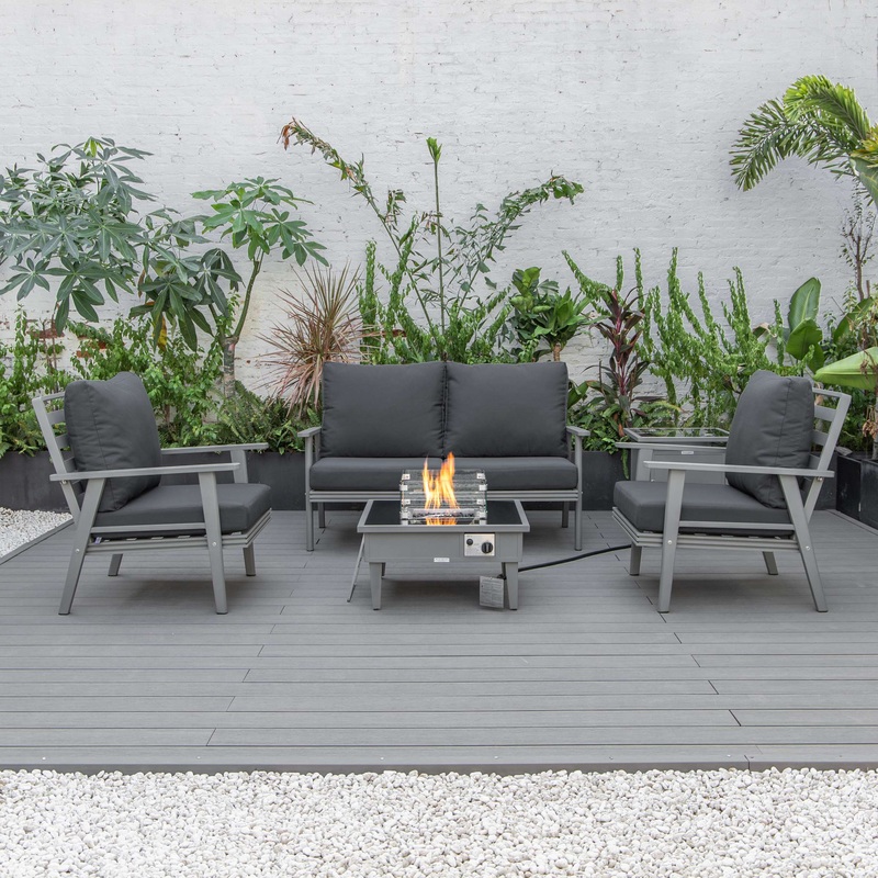 LeisureMod Walbrooke Modern Grey Patio Conversation With Square Fire Pit & Tank Holder
