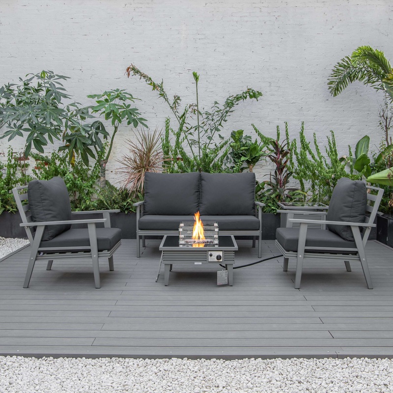 LeisureMod Walbrooke Modern Grey Patio Conversation With Square Fire Pit With Slats Design & Tank Holder