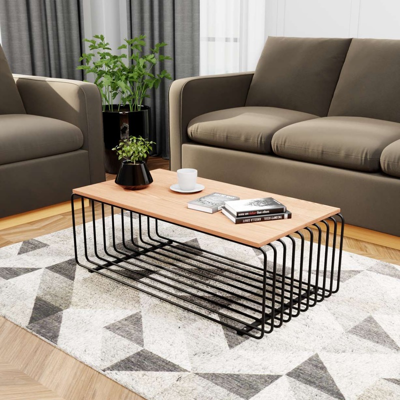 LeisureMod Walden Rectangular Coffee Table with Ash Veneer Top and Powder Coated Steel Frame