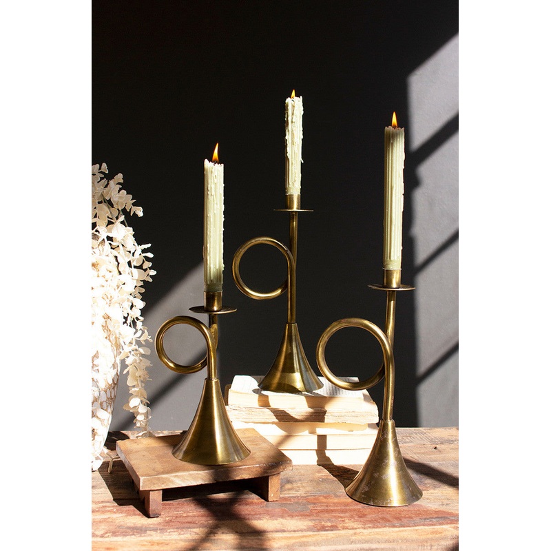 Antique Brass Trumpet Taper Candle Holders Set Of 3 By Kalalou